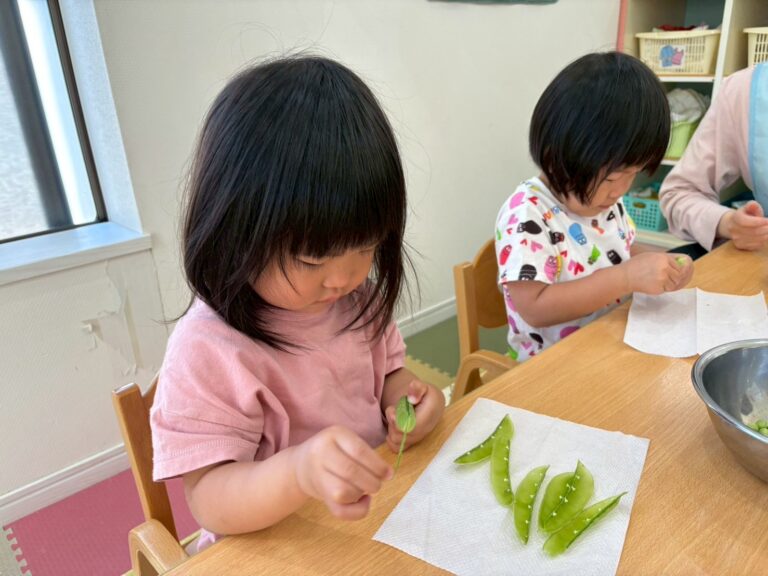 保護中: えんどう豆の皮むきをしたよ🫛(2歳児🐳)