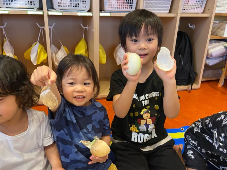 食育活動〜玉ねぎの皮剥き〜（2歳児かぜ組）