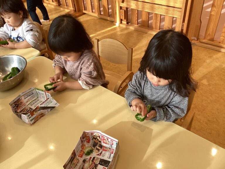 ピーマンの種取り（1歳児　うみ組）